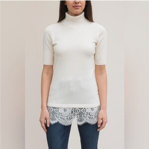 White sweater lace half sleeve turtleneck top tunic